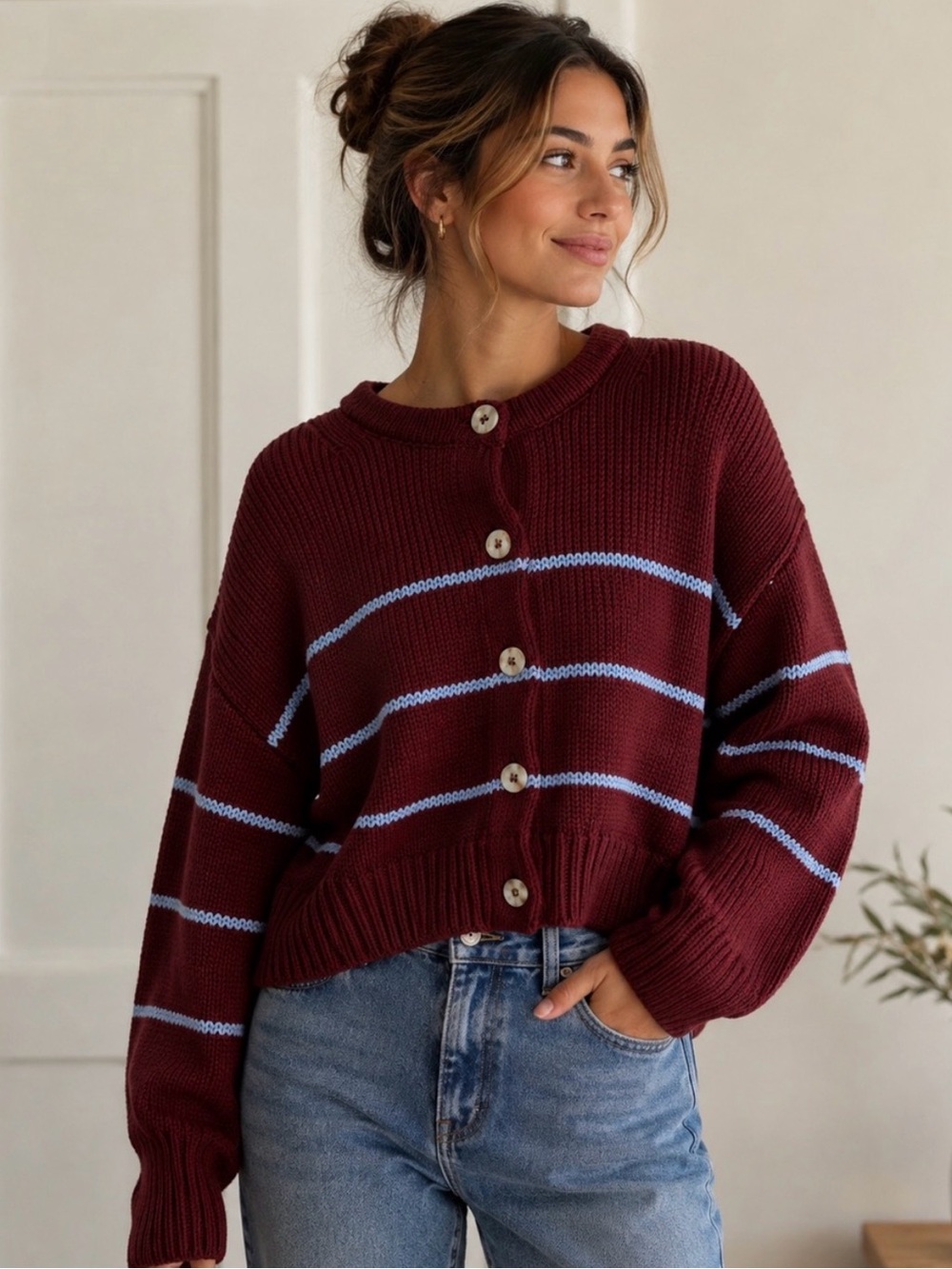 NWT Caroline Constas Burgundy Blue Striped Cotton Cardigan Women's Large Preppy